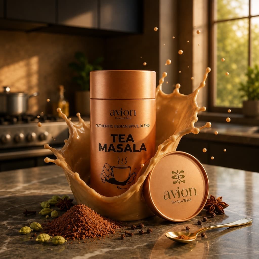 Avion Tea Masala tin mockup on table